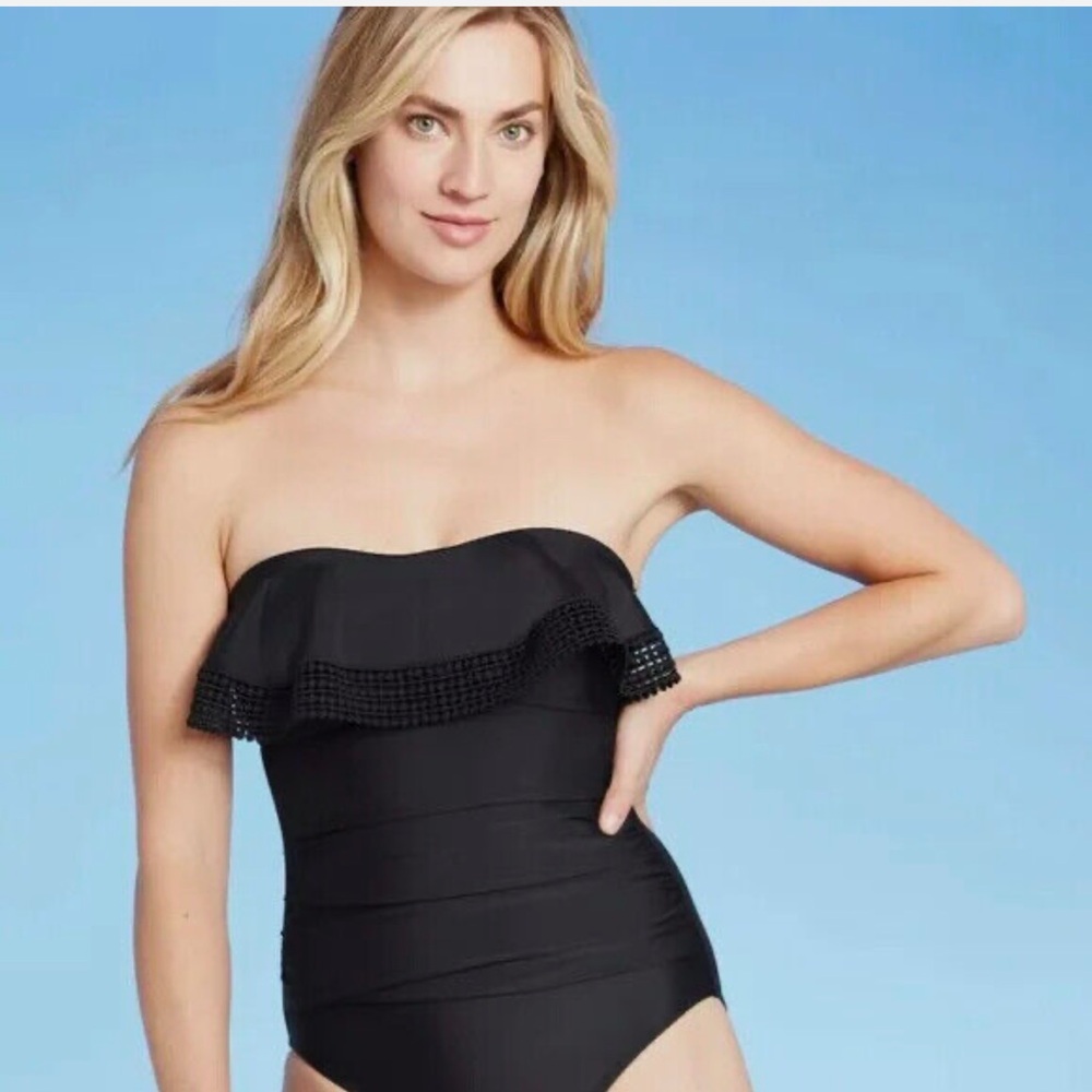 Kona Sol Bandeau One Piece Swimsuit Crochet Flounce Black Size L